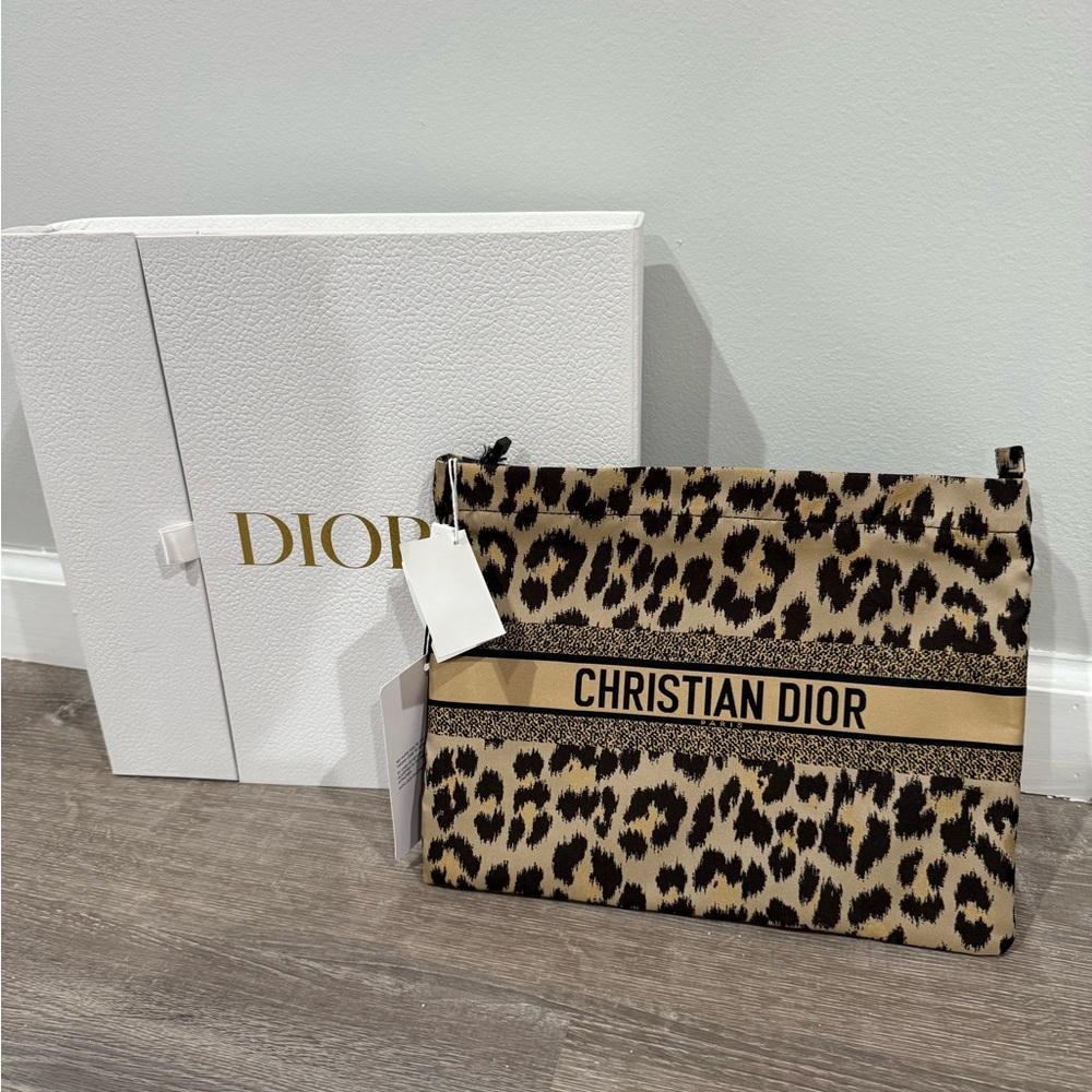 Dior Leopard Print Clutch with Black and Tan Accents